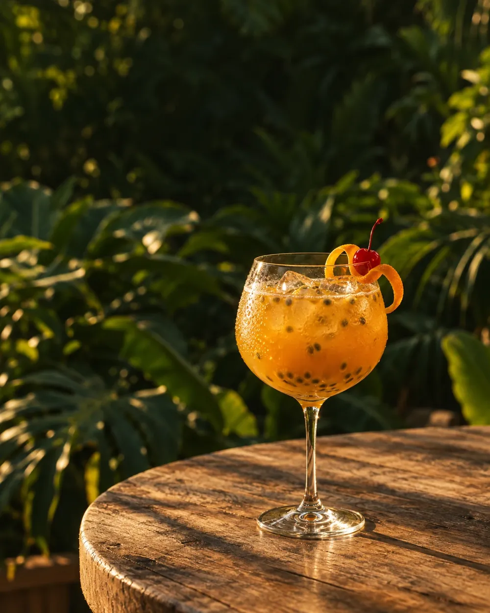 Cóctel de maracuyá en un jardín tropical